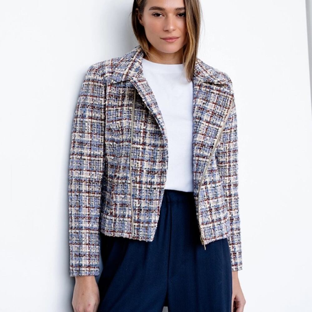 ba&sh Tweed Cropped Lady Jacket Wool Blend Moto Blazer Modern Classic Sz S